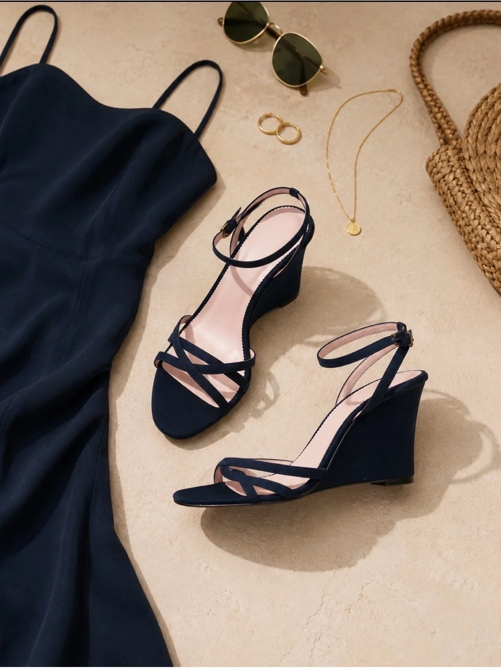 J.Crew Navy Peau de Soie Strappy Wedge Sandals Size 8.5